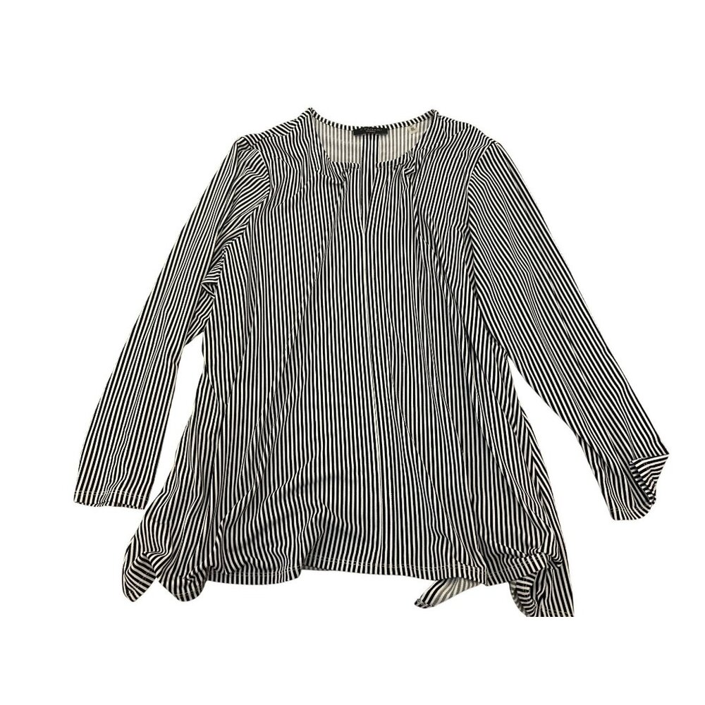 T Tahari Tunic Top 2X  Black White Vertical Stripe Woman Flowy Career Classy